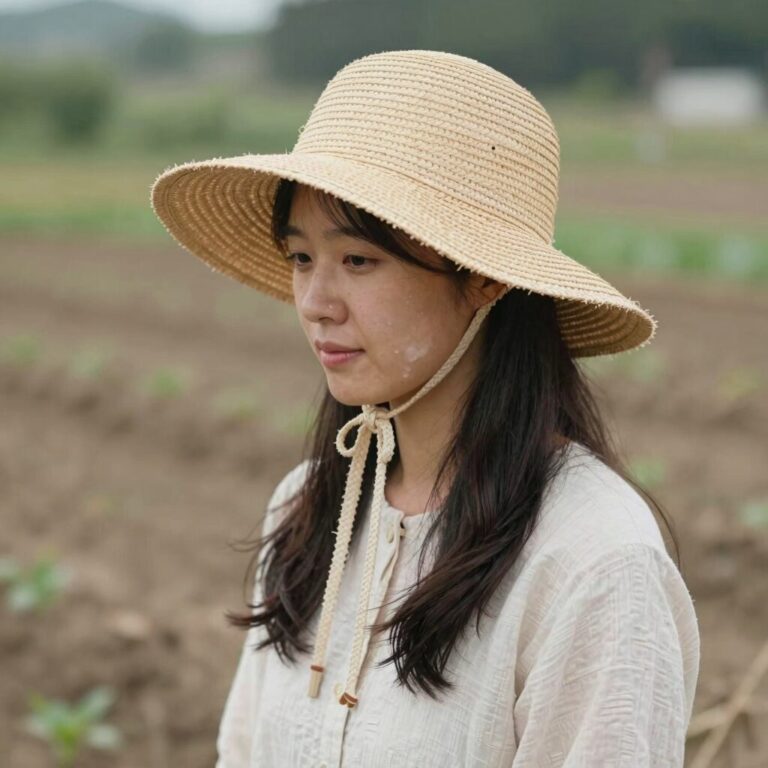 47cm 밀짚벙거지를 착용한 여성이 텃밭에서 일하고 있는 모습. 넓은 챙이 얼굴과 목을 완벽하게 가려준다.