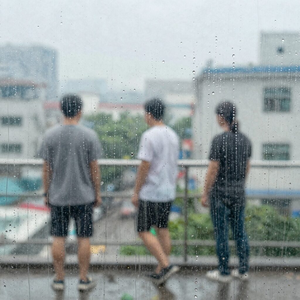 여름철 실내 습기로 인해 유리창에 맺힌 물방울과 눅눅한 공기를 표현한 사진