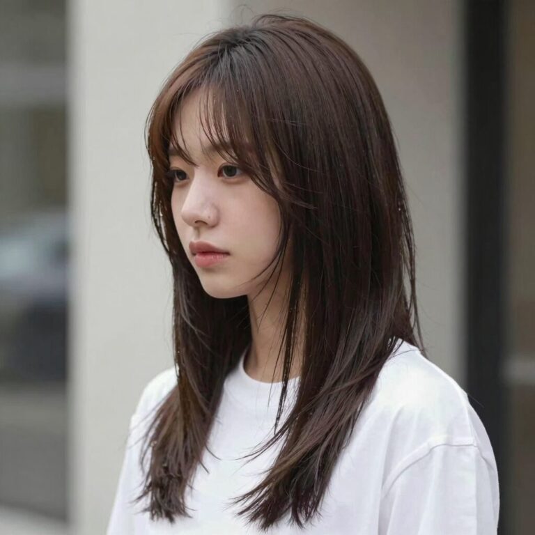 선레이어드저스트 커트로 완성된 부드러운 레이어드 헤어스타일의 모습