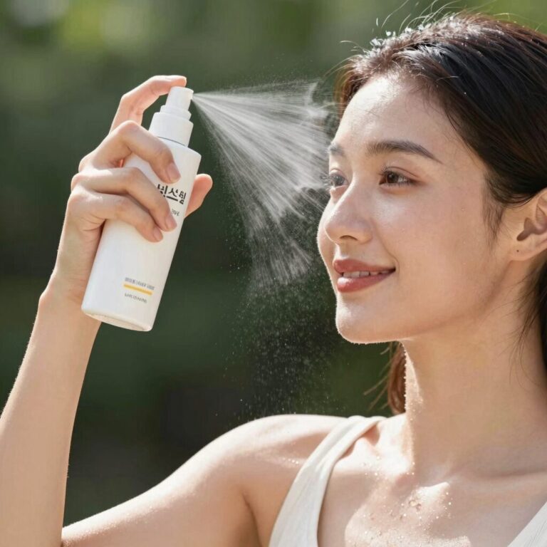 썬스프레이를 팔에 뿌리는 모습, 시원한 쿨링감과 함께 간편하게 자외선 차단