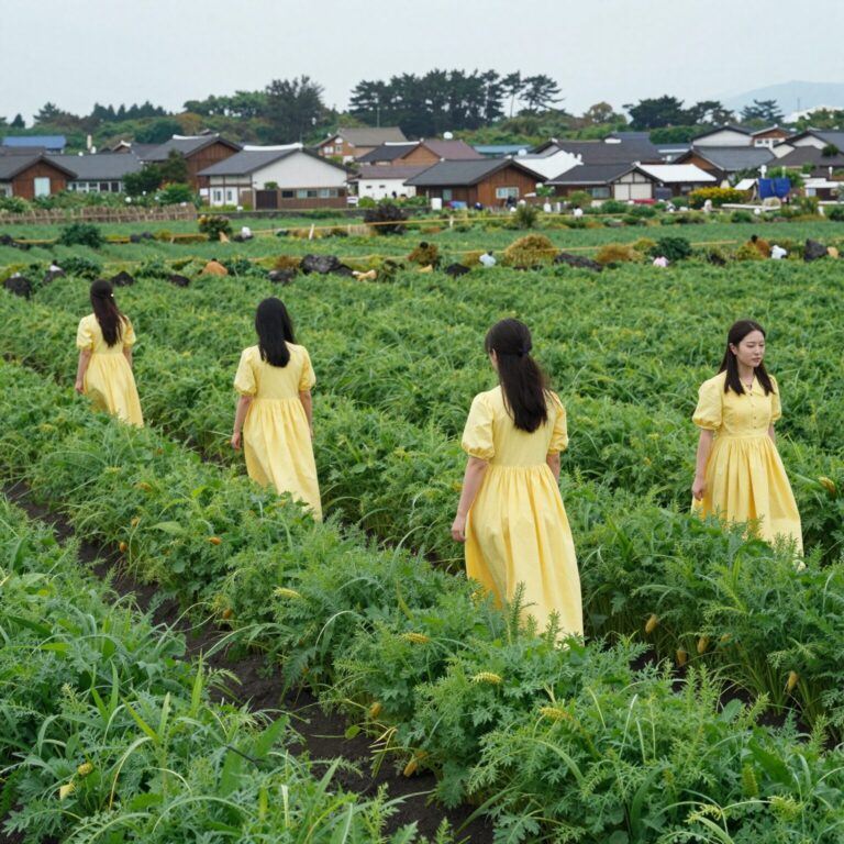 제주 수산리 마을 초록 옥수수 밭과 노란 드레스 코드를 입은 방문객들