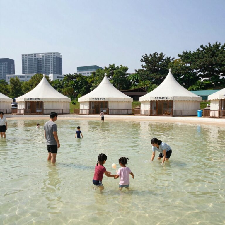 취사 가능한 북한산 천연옥 워터파크의 방갈로 자리와 물놀이하는 가족 모습