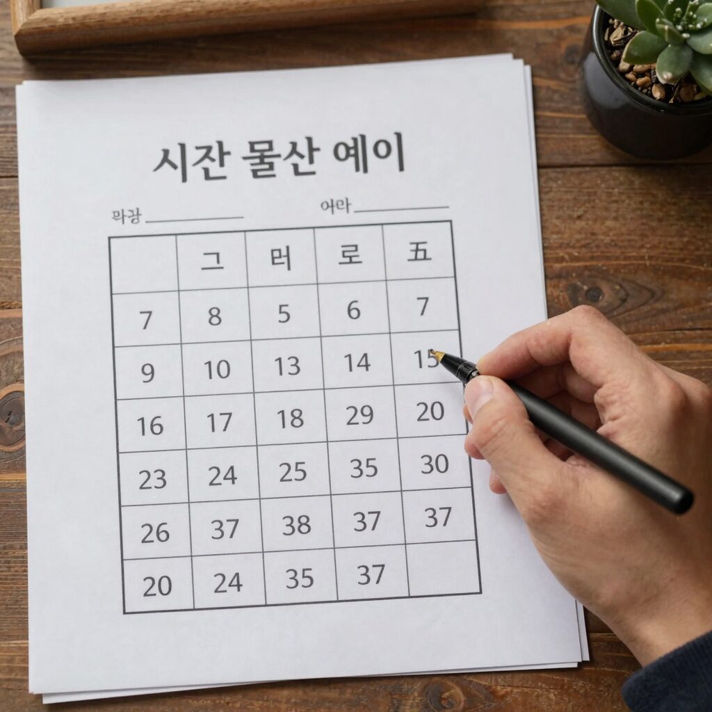 손글씨로 적은 시간 뺄셈 계산 예시