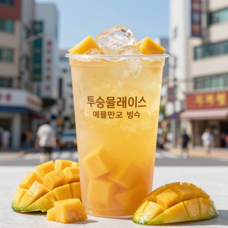 투썸플레이스 애플망고빙수 비주얼, 망고 큐브와 샤베트 얼음이 담긴 모습