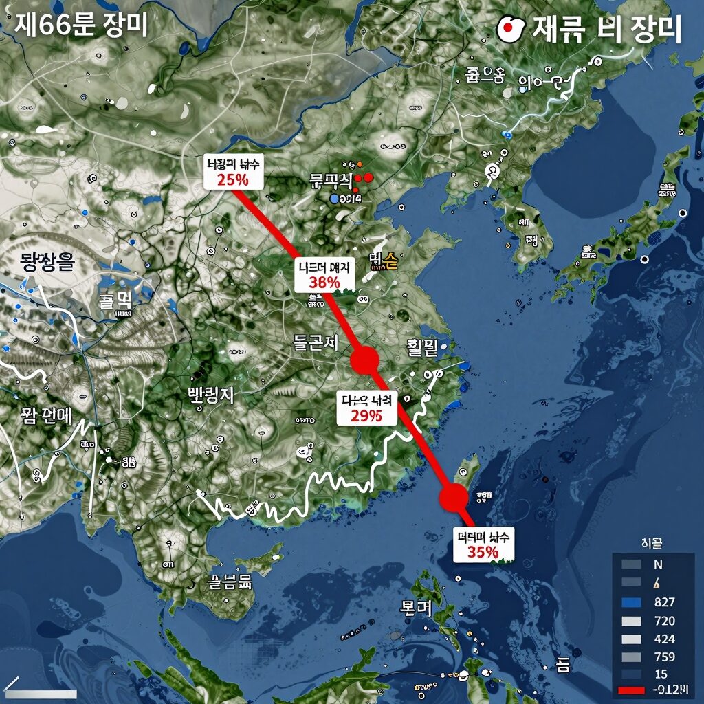 제6호 태풍 장미의 예상 경로를 보여주는 위성 지도