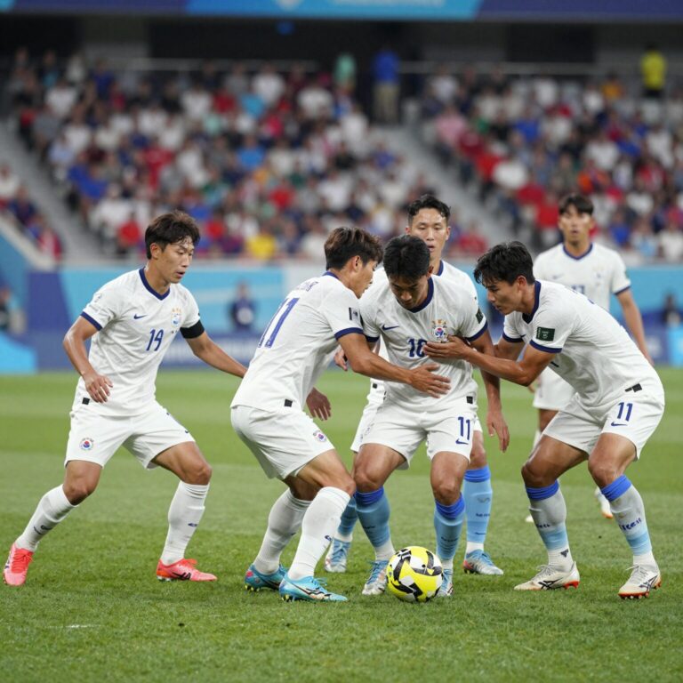 우루과이 축구 국가대표팀 선수들이 2026 월드컵 경기장에서 압박하는 모습