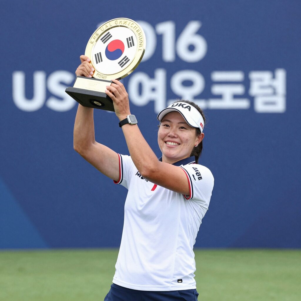 2026 US여자오픈 우승자가 트로피를 들어 올리며 기뻐하는 모습. 배경에는 갤러리와 푸른 필드가 펼쳐져 있다.