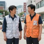 여름 작업복 선풍기조끼 직접 입어본 결과 여름 야외 작업 현장에서 선풍기조끼와 아이스팩조끼를 비교하는 모습