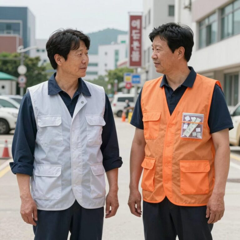 여름 야외 작업 현장에서 선풍기조끼와 아이스팩조끼를 비교하는 모습