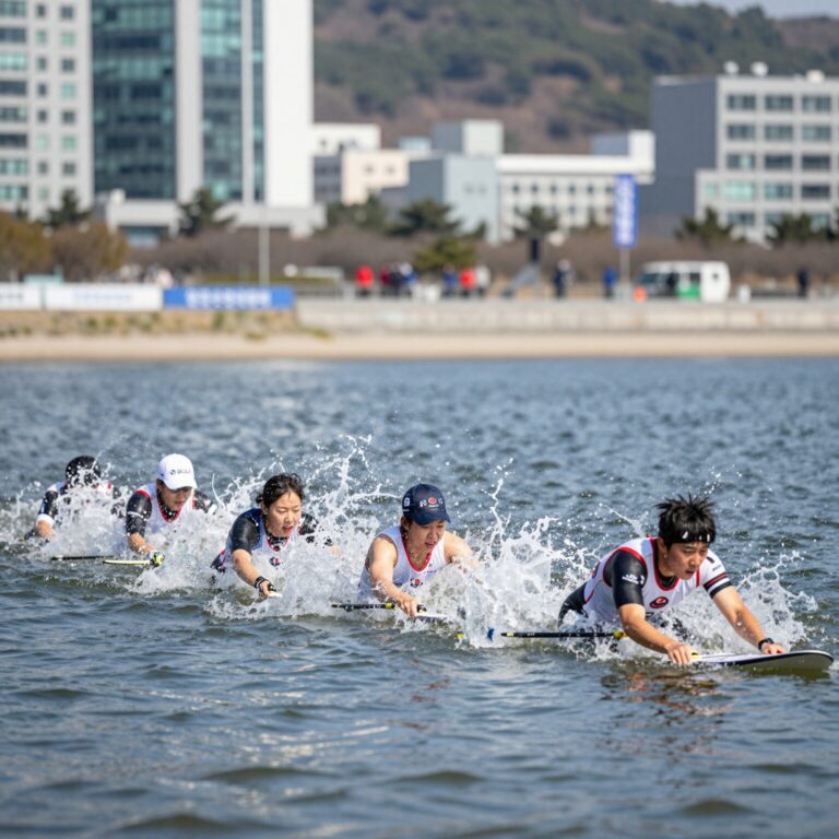 한국수상스키협회 대회 중 부이슬라롬 경기 장면. 선수가 물살을 가르며 부이를 돌고 있다.