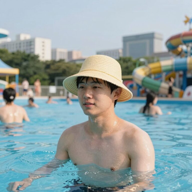 워터파크 모자를 착용한 사람이 물놀이를 즐기는 모습