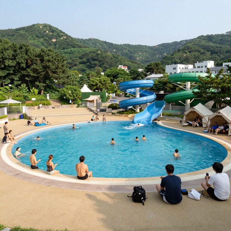 운주계곡 캠핑장 수영장과 워터슬라이드 전경