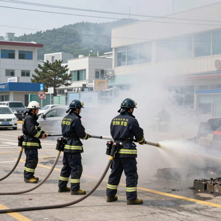 양평역 화재 진압 현장 소방대원들이 호스를 이용해 불을 끄고 있는 모습