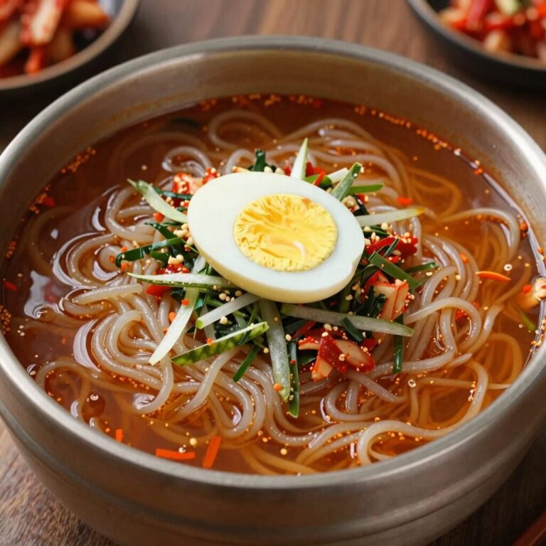 완성된 열무김치국수 그릇, 새콤한 국물과 쫄깃한 면발, 오이와 계란 고명이 보인다