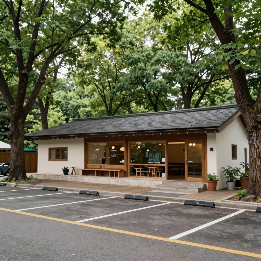 영양 자작나무숲 주차장과 카페 자작 건물 외관