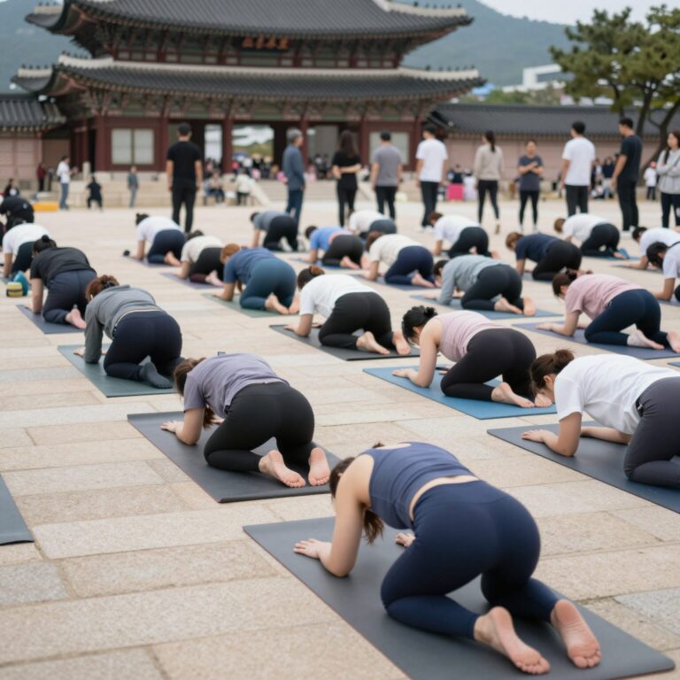 광화문 광장에서 펼쳐진 세계 요가의 날 단체 수련 모습, 수백 명의 요가인들이 매트 위에서 통일된 동작을 취하고 있다