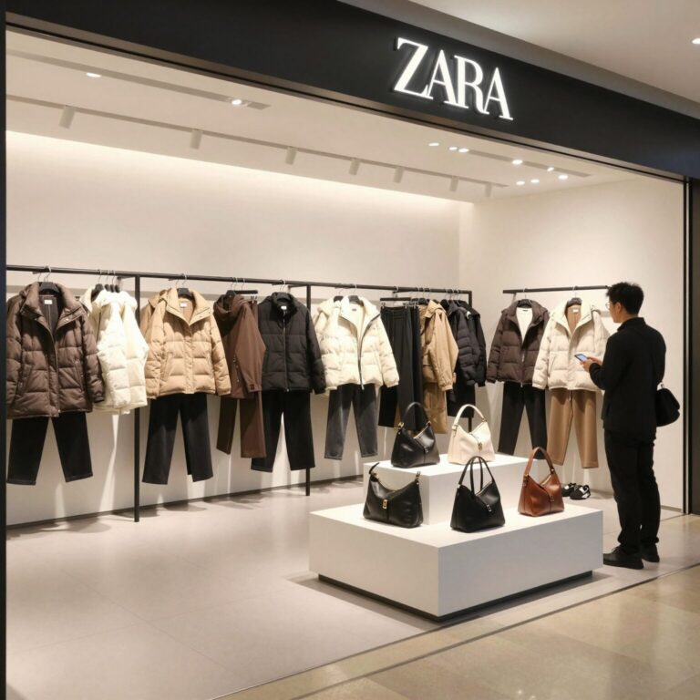ZARA 명동 눈스퀘어점 세일 매장 내부 다양한 아우터와 가방 진열 모습
