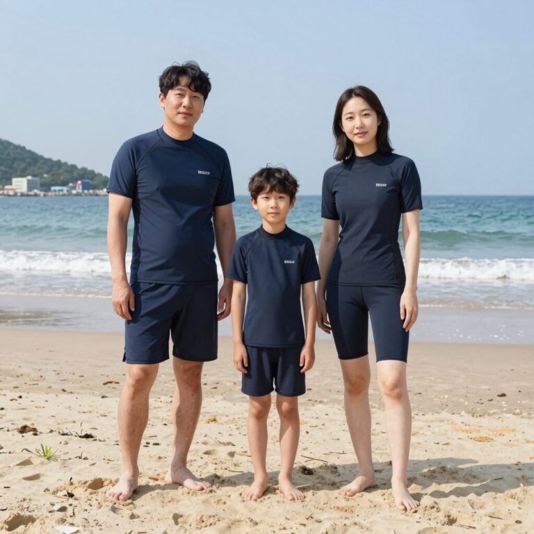 해변에서 가족이 착용한 집업 래쉬가드 세트