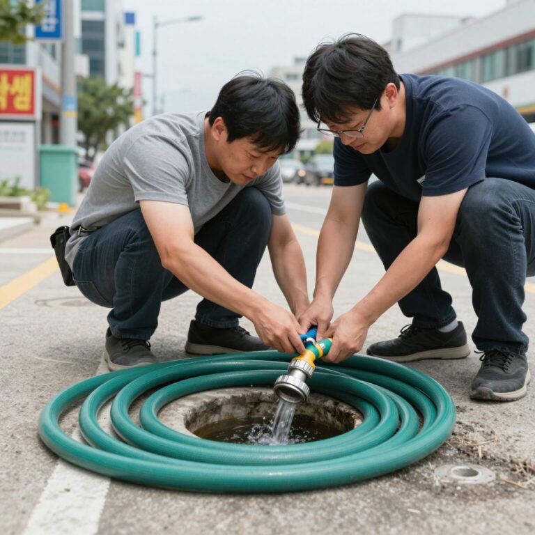 배수호스 막힘 해결 후 정상 배수 확인 모습