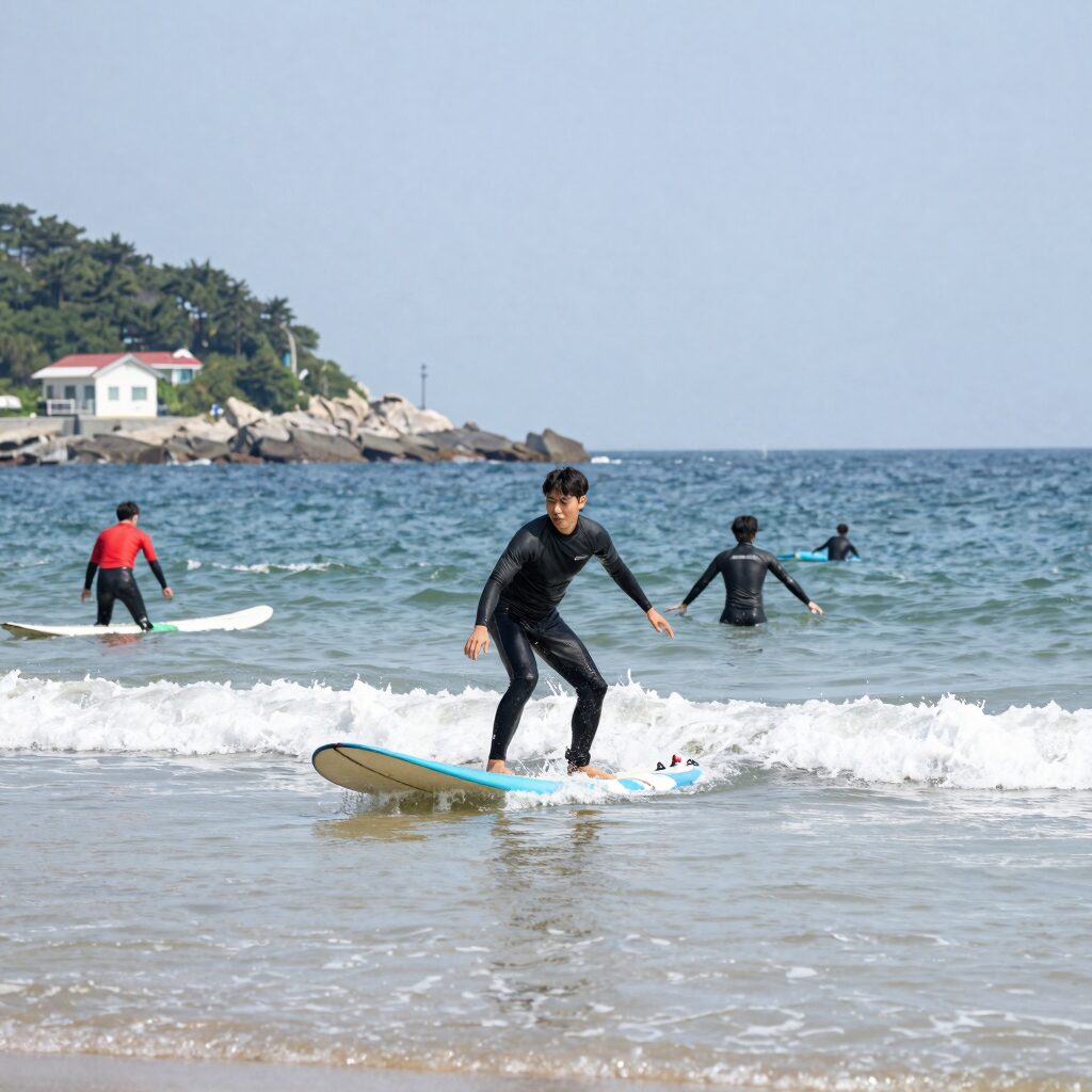 부산 송정 서프홀릭 앞 해변에서 서핑 강습하는 모습