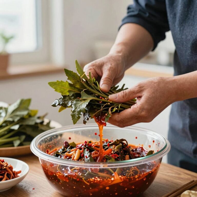 된장 깻잎장아찌를 만들기 위해 깻잎을 데치는 과정과 완성된 양념장 사진