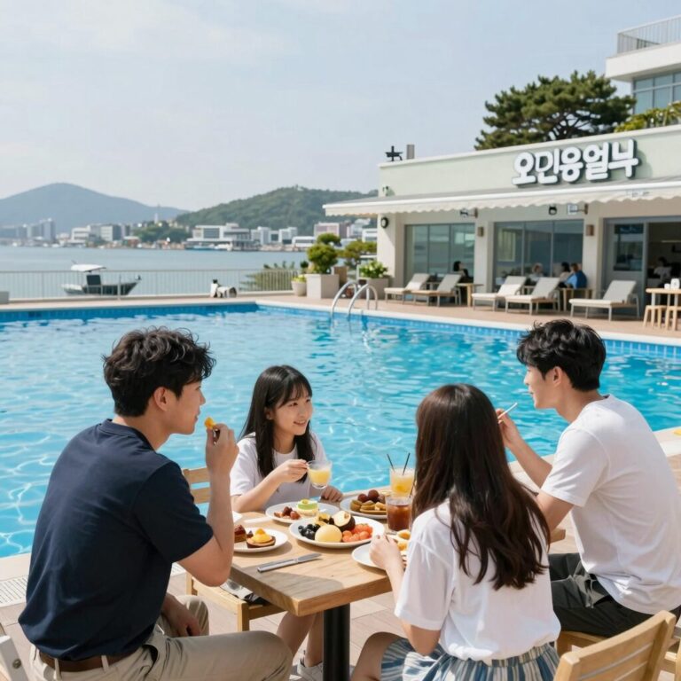 오션월드 수영장 옆 스낵바에서 간식을 즐기는 모습