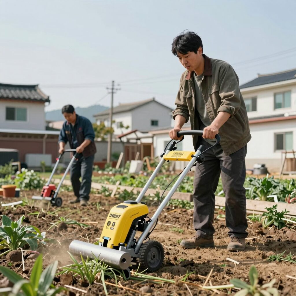 디월트 예초기 DCM5713으로 마당 잡초 제거 작업 중인 모습