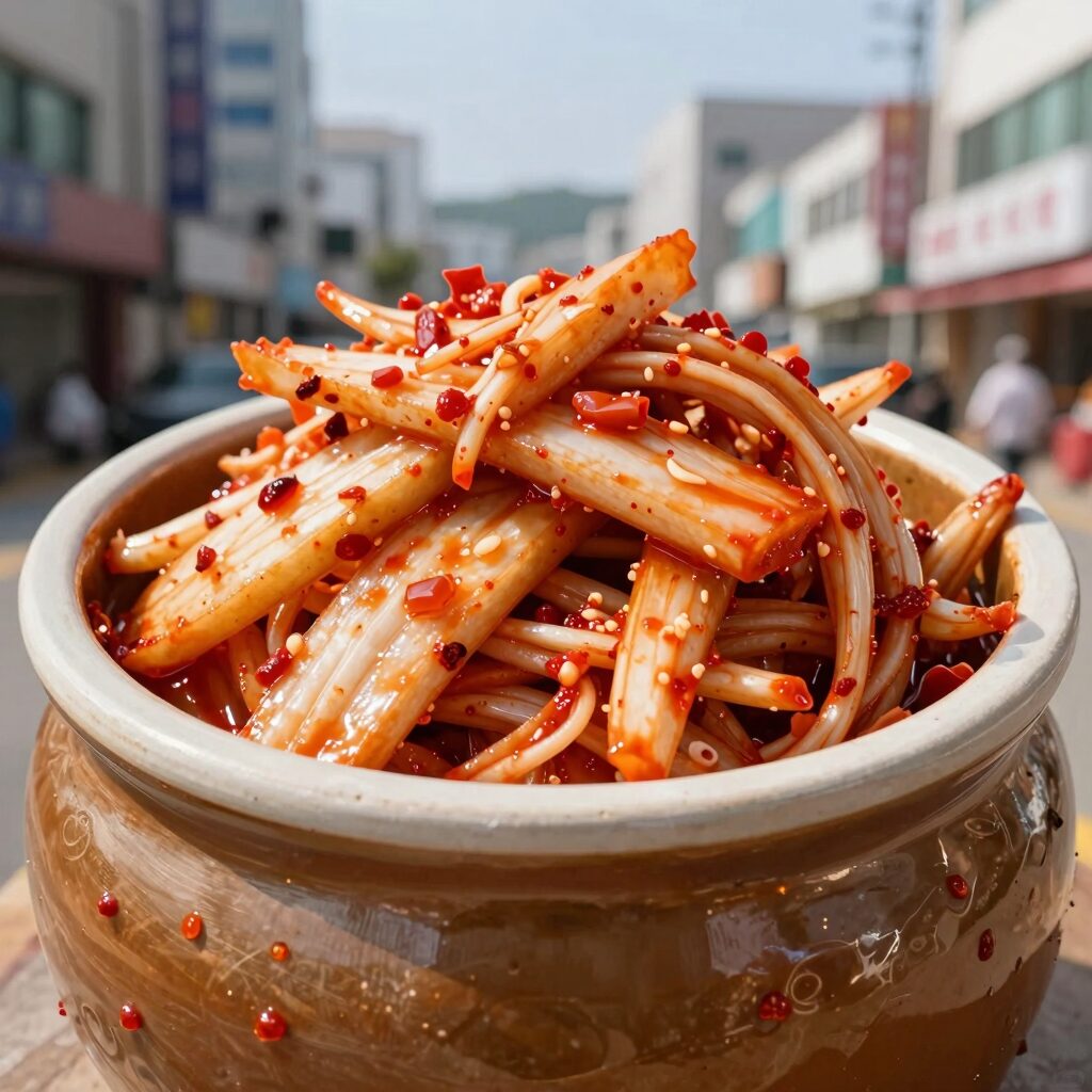고구마순김치 완성 그릇에 담긴 모습으로 아삭한 식감과 붉은 양념이 어우러져 밥도둑임을 보여줍니다