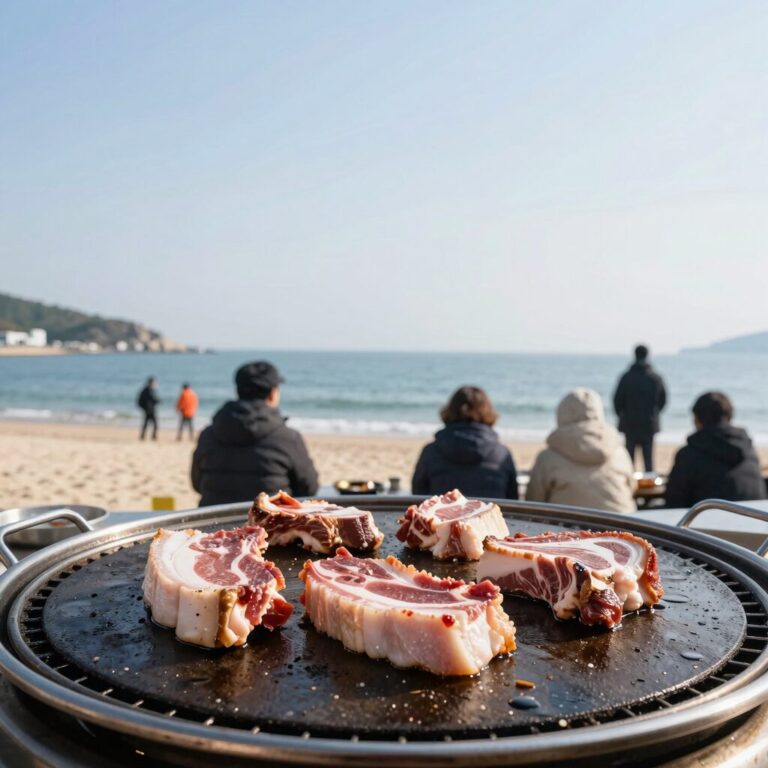 양양 인구해변 맛집 서울식당의 두툼한 오겹살이 불판 위에서 익고 있는 사진