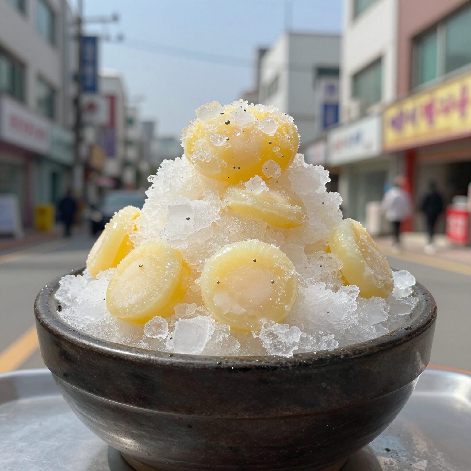 용호동 할매팥빛수 얼음 위에 팥앙금과 가루가 올려진 한 그릇