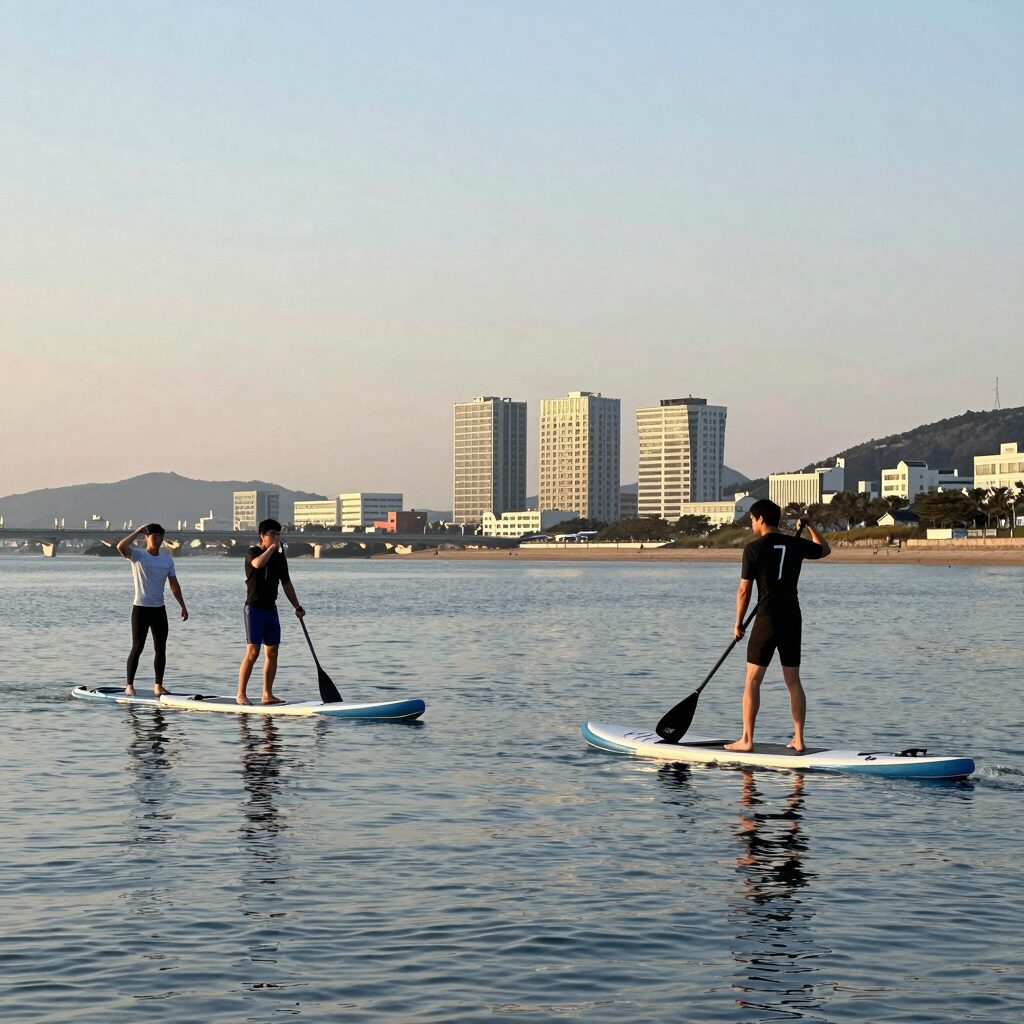 광안리 패들보드 서프마린 선셋 체험에서 일어서는 모습