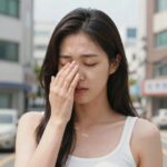 생리 중 몸이 뜨거워요 원인과 완화 생리 중 몸에 열감이 느껴지는 여성이 손으로 얼굴을 식히는 모습