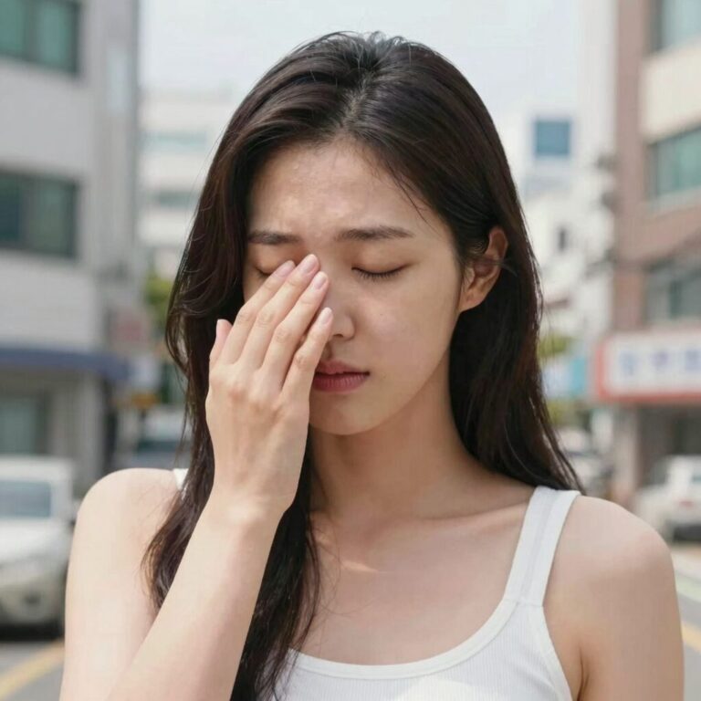 생리 중 몸에 열감이 느껴지는 여성이 손으로 얼굴을 식히는 모습