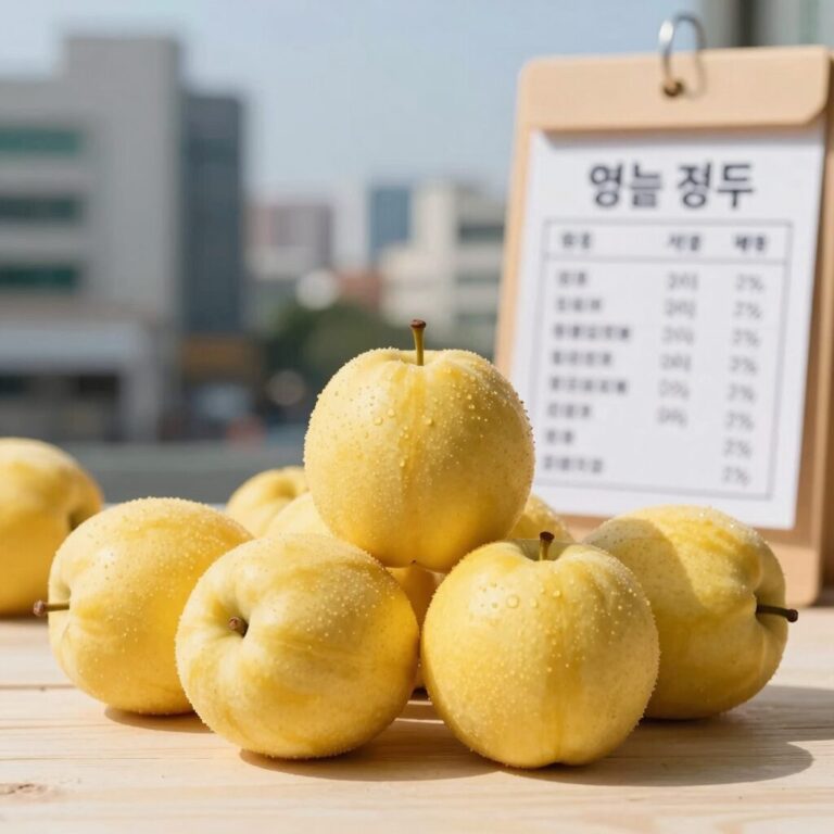 신선한 황도 과일이 배경에 놓여 있고, 그 옆에 영양 성분표가 함께 있는 사진