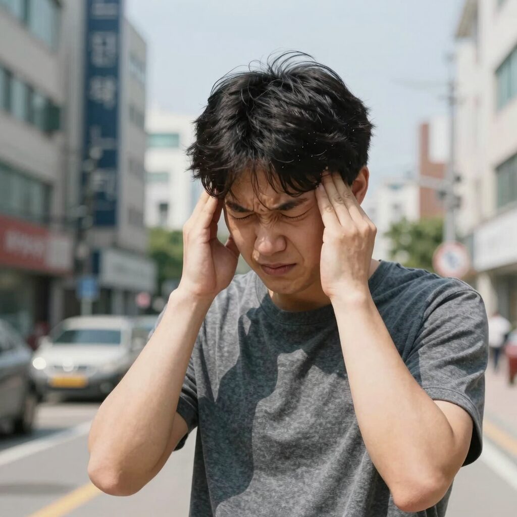 더위먹은 증상으로 어지러움과 두통을 호소하는 사람의 모습