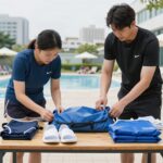 여름 워터파크 준비물 완벽 정리 필수템과 꿀팁 워터파크 준비물로 수영복과 아쿠아슈즈, 방수팩을 테이블 위에 정리한 사진