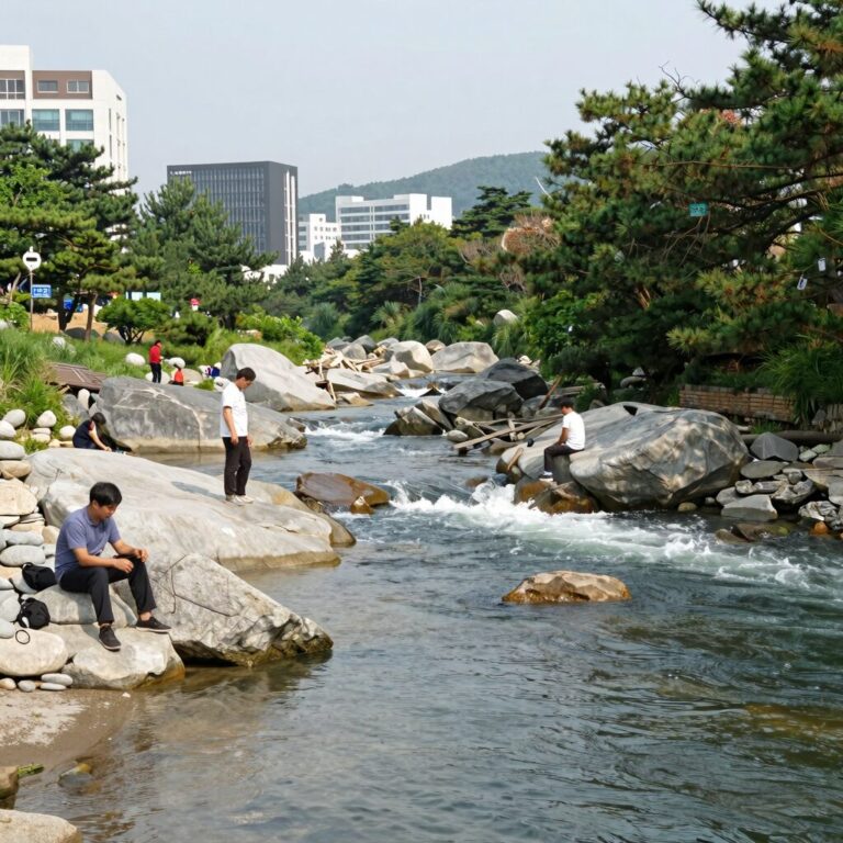밀양 계곡 물철철평상의 평상과 계곡 풍경