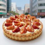 완성된 복숭아 타르트 사진, 다이제 크러스트 위에 크림과 복숭아 장미가 올려져 있다