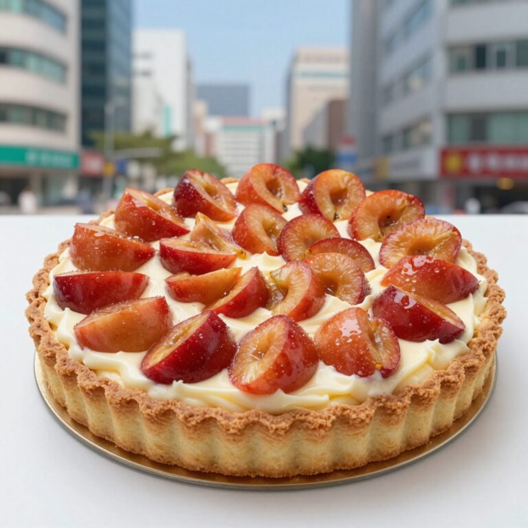 완성된 복숭아 타르트 사진, 다이제 크러스트 위에 크림과 복숭아 장미가 올려져 있다