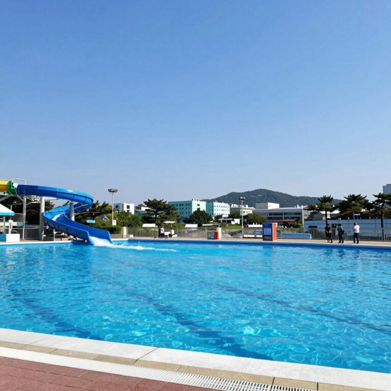 울산 대공원 아쿠아시스 전경 파란 하늘 아래 넓은 풀장과 워터슬라이드가 보인다