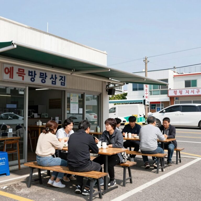양양 애견동반 식당 기사문밥집의 야외 테이블 모습. 지붕이 있어 비를 피할 수 있고 도로변에 자리잡고 있다.