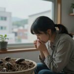 풀벌레들의 작은 귀를 생각하며 감각을 깨우다 어둠 속에서 풀벌레 소리를 듣는 사람의 모습을 형상화한 이미지, 별빛과 함께 방 안으로 스며드는 자연의 소리를 상징