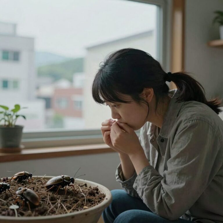 어둠 속에서 풀벌레 소리를 듣는 사람의 모습을 형상화한 이미지, 별빛과 함께 방 안으로 스며드는 자연의 소리를 상징