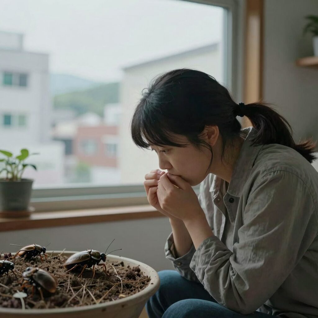 어둠 속에서 풀벌레 소리를 듣는 사람의 모습을 형상화한 이미지, 별빛과 함께 방 안으로 스며드는 자연의 소리를 상징