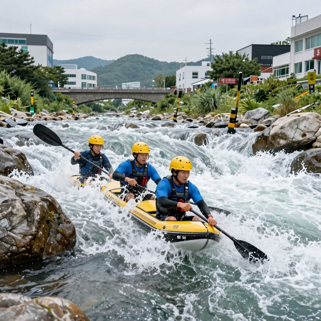영월 동강 래프팅 중 급류를 통과하는 모습