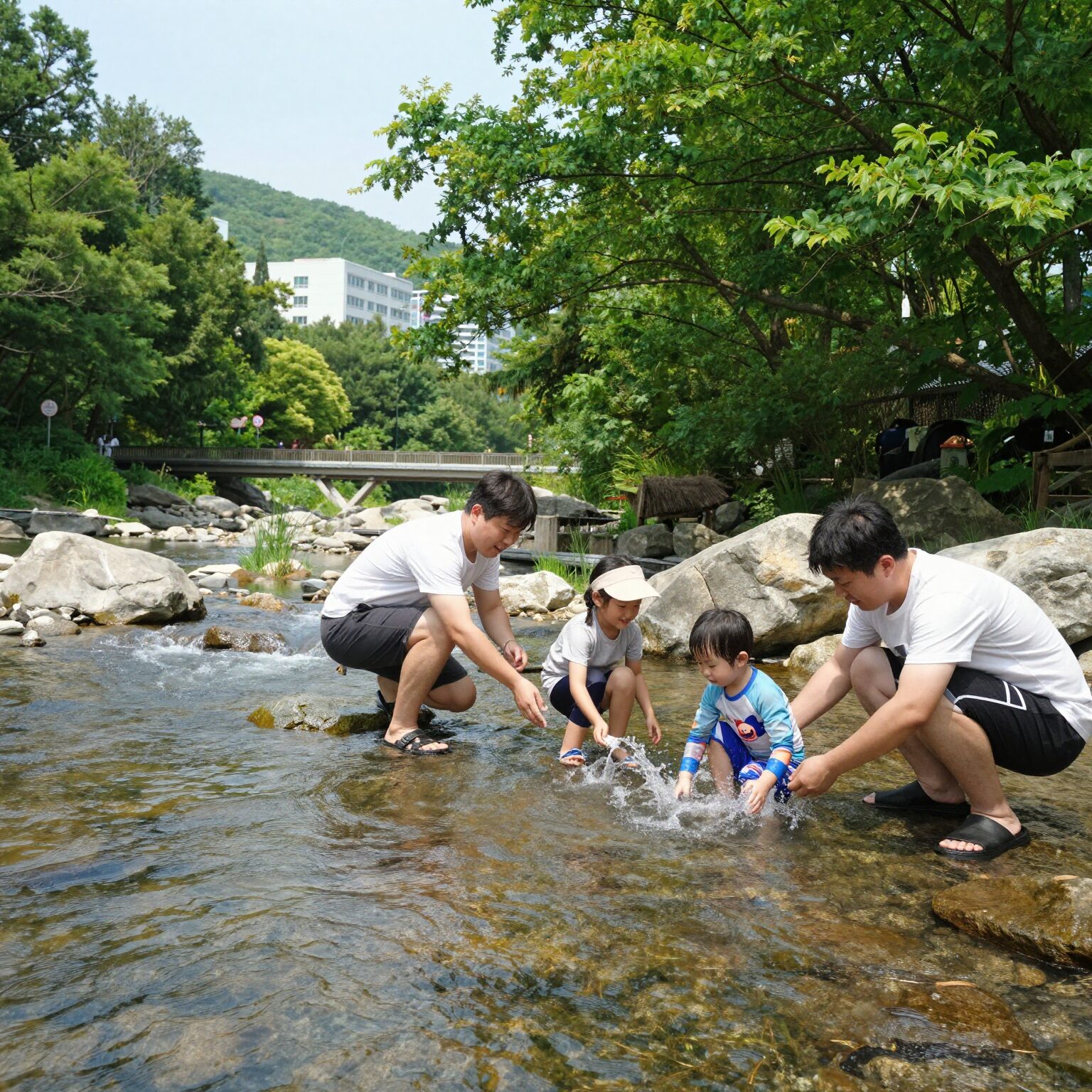청도 운정쉼터 계곡 평상에서 가족이 물놀이를 즐기는 모습, 맑은 물과 나무 그늘이 인상적