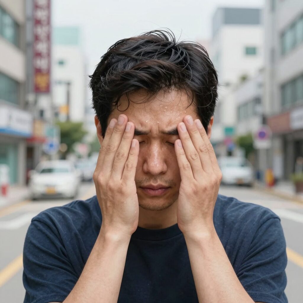 머리에 땀이 많이 나는 이유와 두한증 증상을 설명하는 이미지