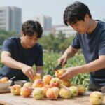 복숭아 껍질째 먹는법과 자르기 팁 복숭아를 깨끗이 씻고 V자 모양으로 칼집을 내는 과정 단계별 설명