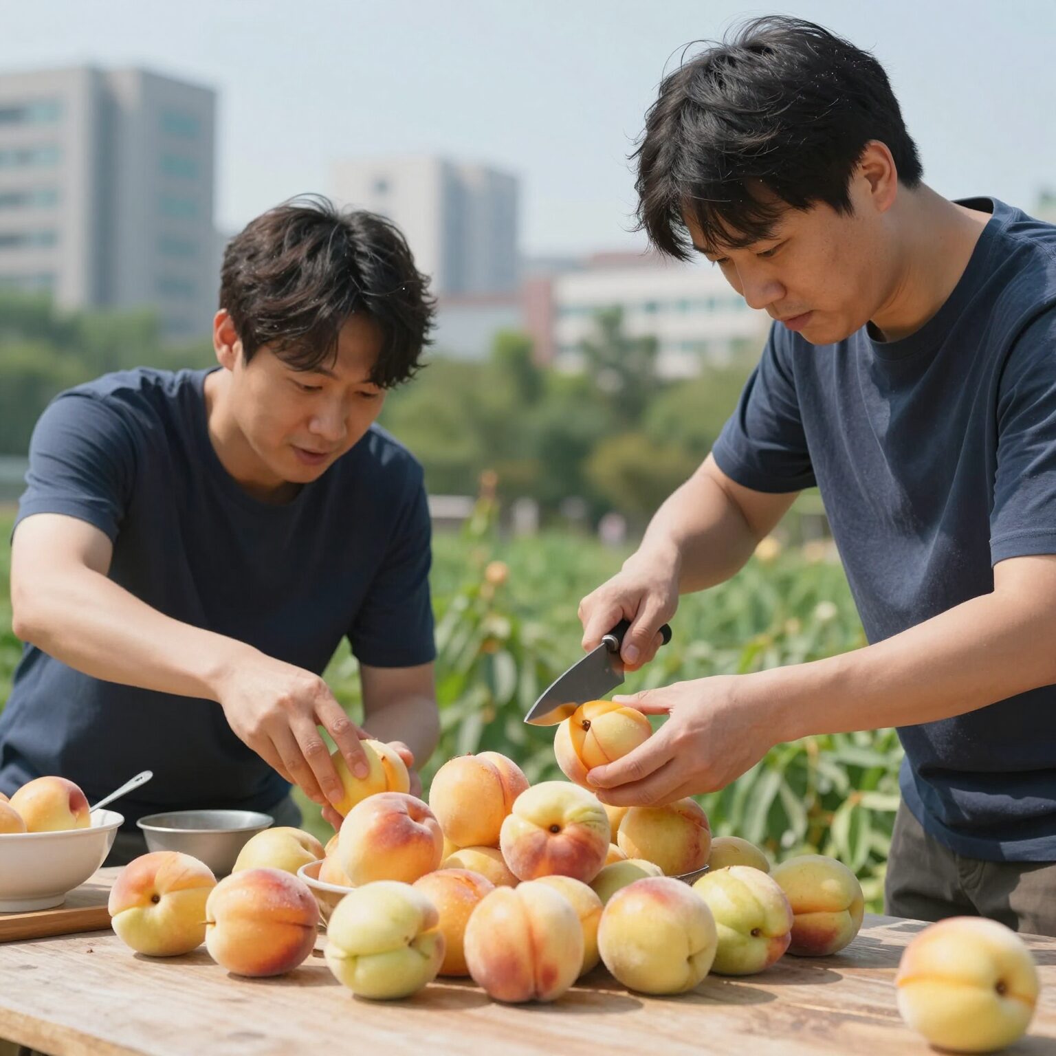 복숭아를 깨끗이 씻고 V자 모양으로 칼집을 내는 과정 단계별 설명