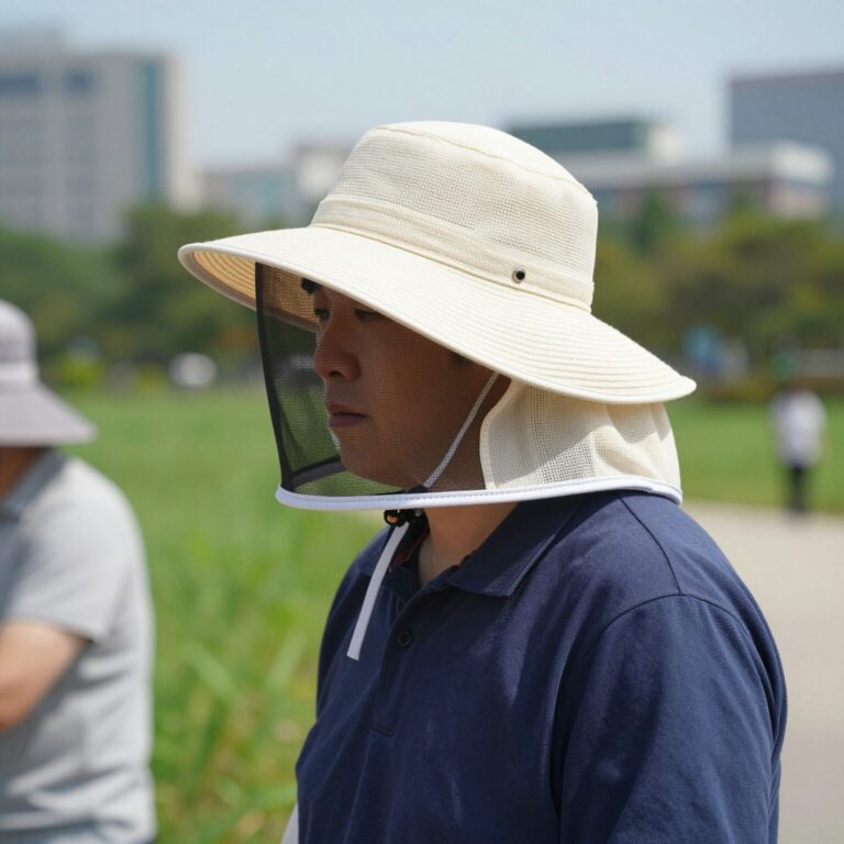 여름철 야외 활동 중 양봉 모자를 착용한 사람의 모습, 러브버그 차단에 효과적인 양봉모자 착용샷